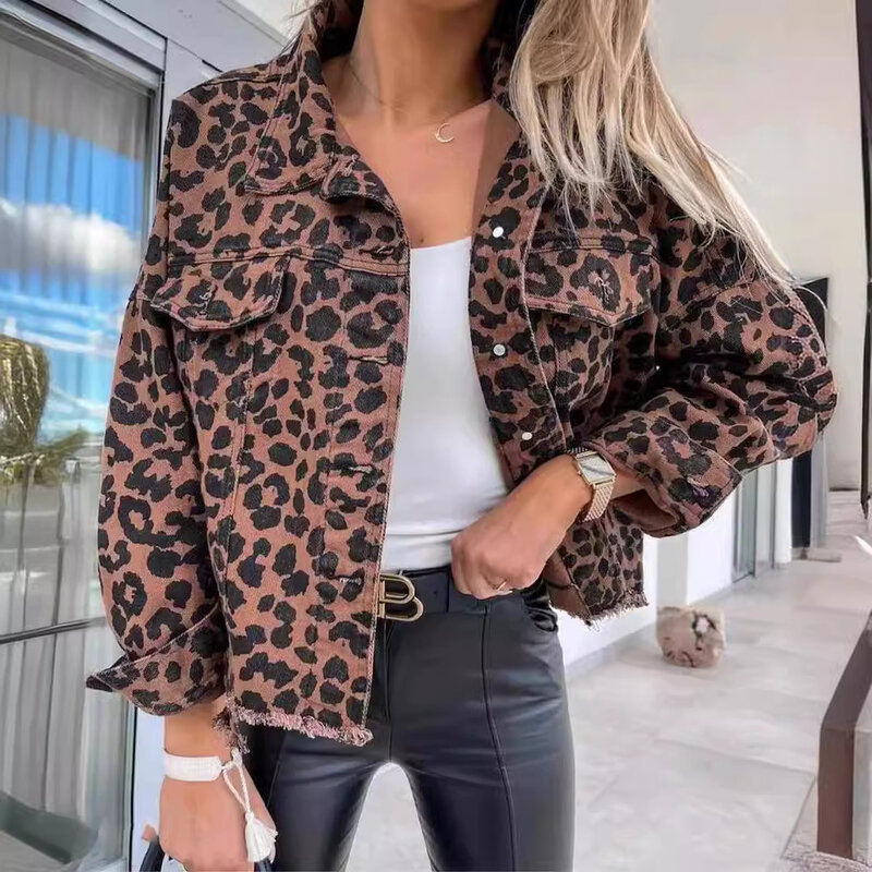 Женская джинсовая куртка с длинным рукавом, свободная повседневная короткая куртка из денима с леопардовым принтом в стиле Харадзюку, 2024