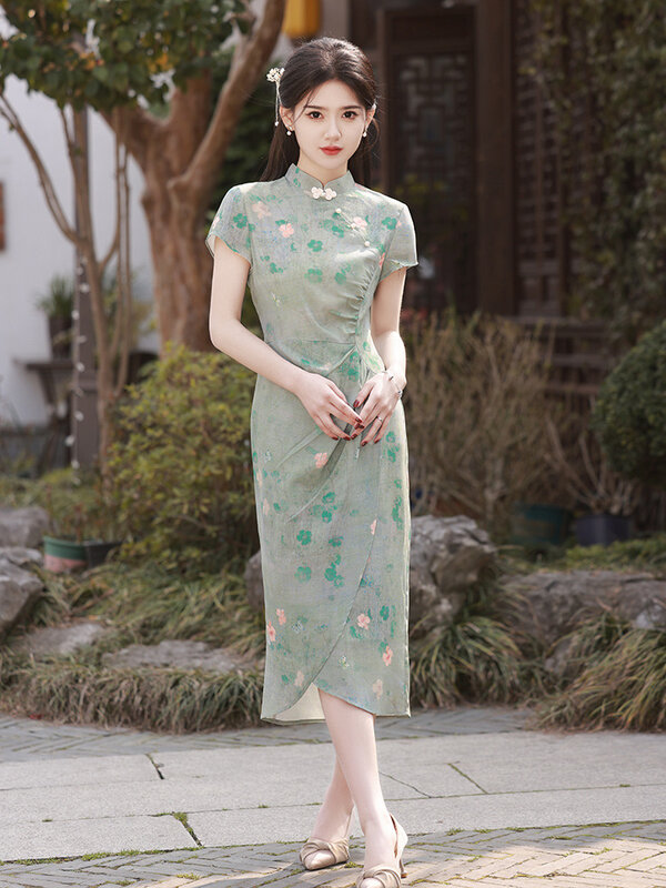 Vestido Cheongsam estampado jovem, estilo Shanghai antigo, Qipao, elegante, temperado, melhorado, simples, primavera, verão, 2024