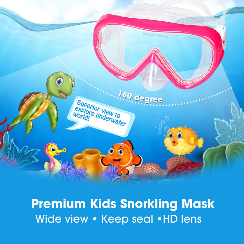 Set Masker Snorkel Panorama Anak-anak, Masker Selam Scuba Anti Kabut, Masker Renang Kacamata Tempered, Masker Kering untuk Anak-anak