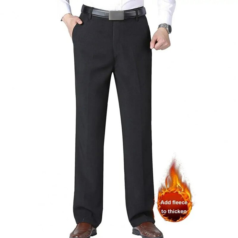 Men Straight-leg Pants Thick Plush Men's Suit Pants with Soft Pockets Mid Waist Zipper Closure Formal Business Style for Office