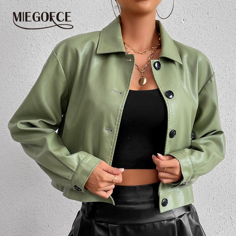 MIEGOFCE 2024 European And American Autumn Winter Lapel Faux Leather Jacket New Loose Leather Parka Motorcycle Coat Female J589