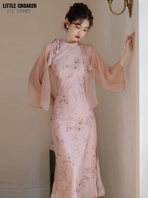 Robe chinoise RefSplit Cheongsam, col licou rose, qipao amélioré, automne, nouveau, 20223