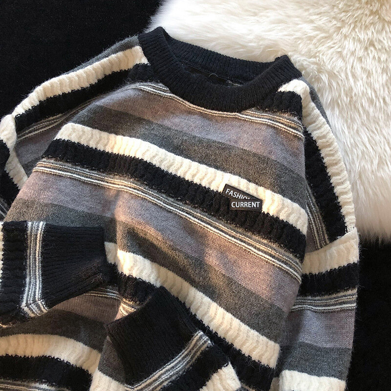 Suéter de punto de estilo Preppy para hombre, jerséis Vintage a rayas, ropa informal Harajuku que combina con todo, otoño e invierno, 2023
