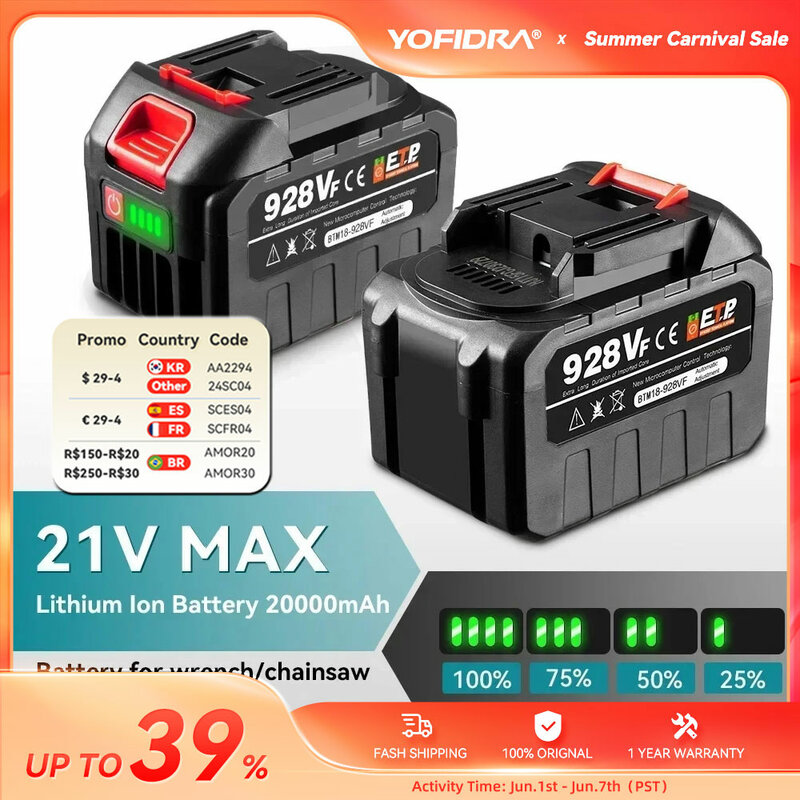 YOFIDRA Rechargeable Battery 22500mah 15000mah Lithium Ion Battery 388VF 928VF Li-ion Battery For Makita Electric Power Tools