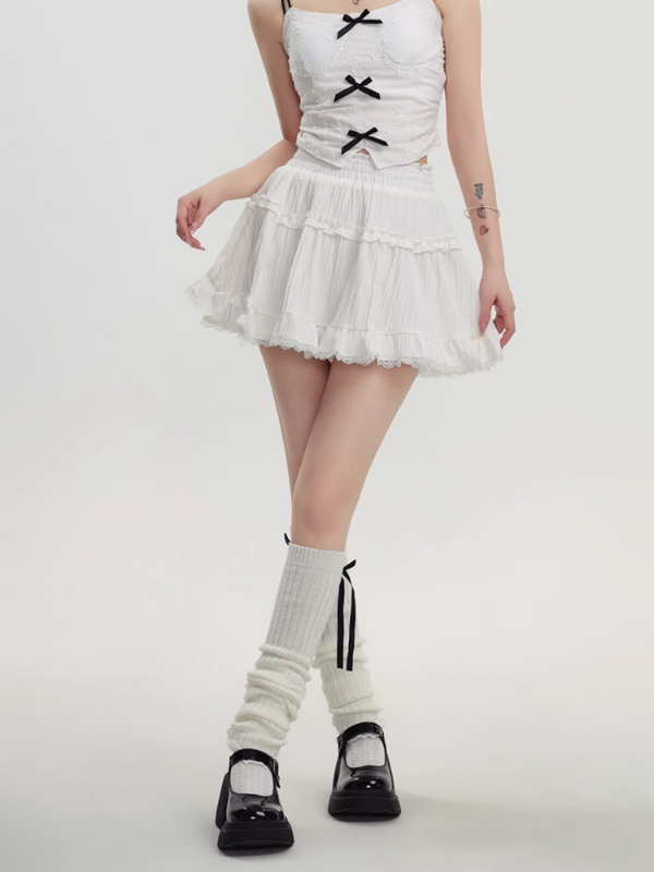 Mini-saia de renda Kawaii feminina, saia de cintura alta, Lolita, doce, estilo preppy, sólida, coreana, moda feminina