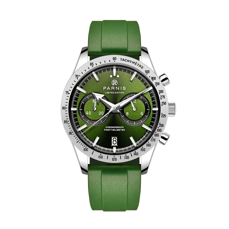 2023 New Parnis 40mm Silver Case Quartz Chronograph Men's Watch Calendar Green Rubber Strap Men Luxury Watches reloj hombre Gift