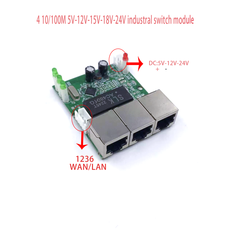 Mini PCBA 4 porty Networkmini moduł włącznik ethernet 10/100Mbps 5V 12V 15V 18V 24V