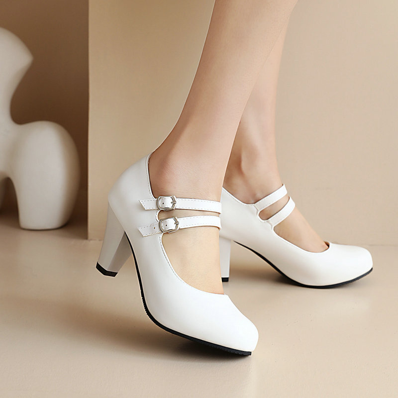 รองเท้าผู้หญิงใหม่ส้นสูงสายรัดส้นหนารองเท้า Mary Jane หัวกลมส้นสูงตื้นรองเท้าผู้หญิง34-46