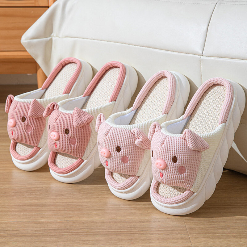 Chinelos casuais suaves rosa para senhoras, design fofo de porquinho, chinelos confortáveis de linho feminino, nova moda, 3,5 cm, 2024