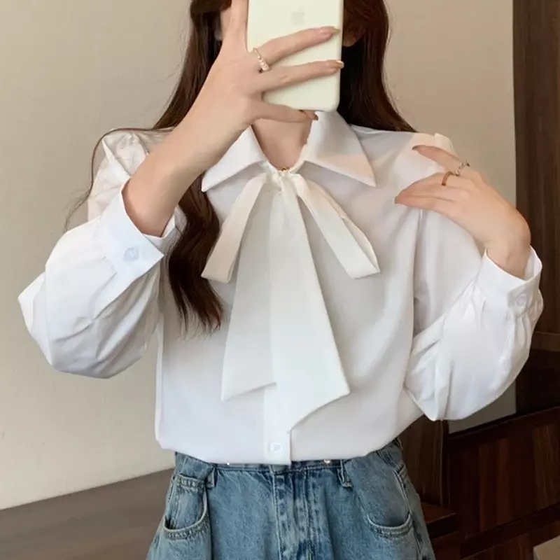 Spring Autumn Solid Color Fashion Long Sleeve Shirt Women POLO Collar Lacing Bow Patchwork Button Cardigan All-match Top Z165