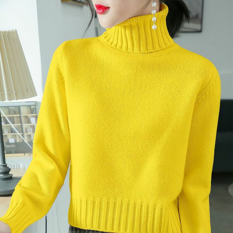 Herbst Winter Mode Temperament Koreanische Einfarbig Pullover Frauen High-taille Beiläufige Lose Unterhemd Warm Chic Pullover Tops
