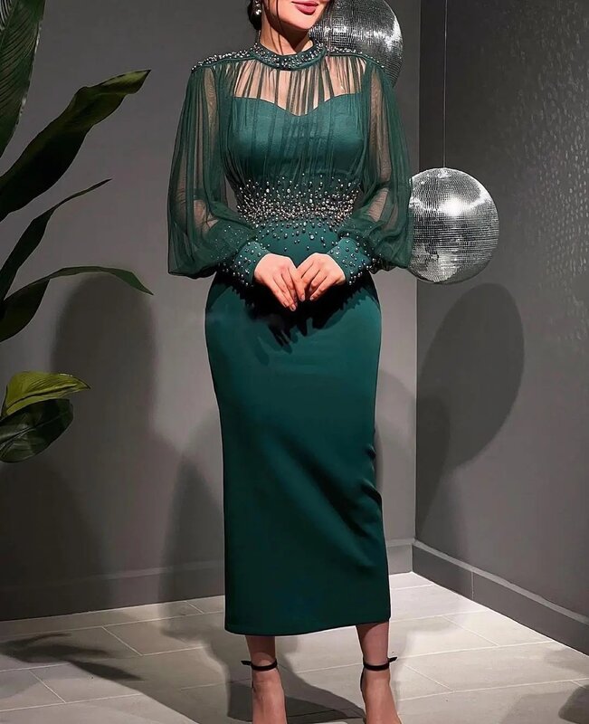 Elegante schwarze Meerjungfrau lange Ärmel Ballkleider High Neck Perlen Schärpe Saudi-Arabien tragen Abendkleid Reiß verschluss zurück Party kleid