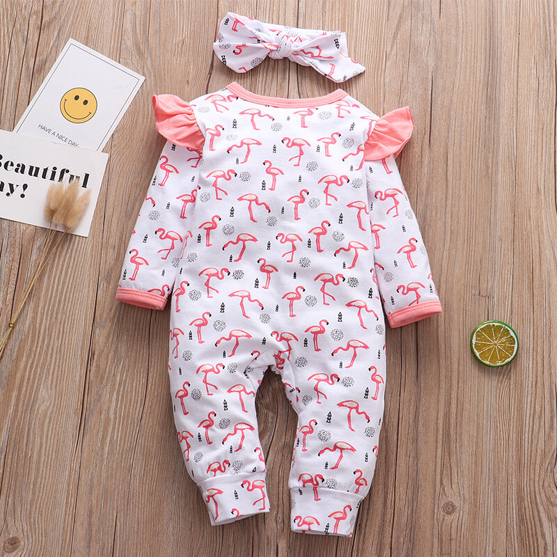 Adorable 2Pcs Baby Girls Long Sleeve Romper Cotton Ruffle Sets Flamingo Print Jumpsuit Headband Newborn Clothes Princess Outfits