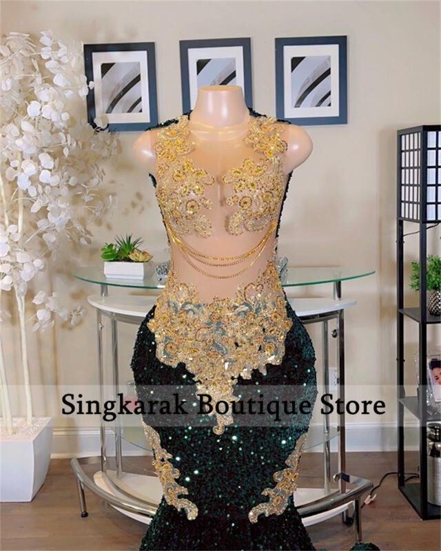 Błyszcząca ciemnozielona syrena suknie balowe 2024 dla czarnych dziewczynek ze złotą koronką aplikacje koraliki frędzle aksamitne cekiny suknia wieczorowa