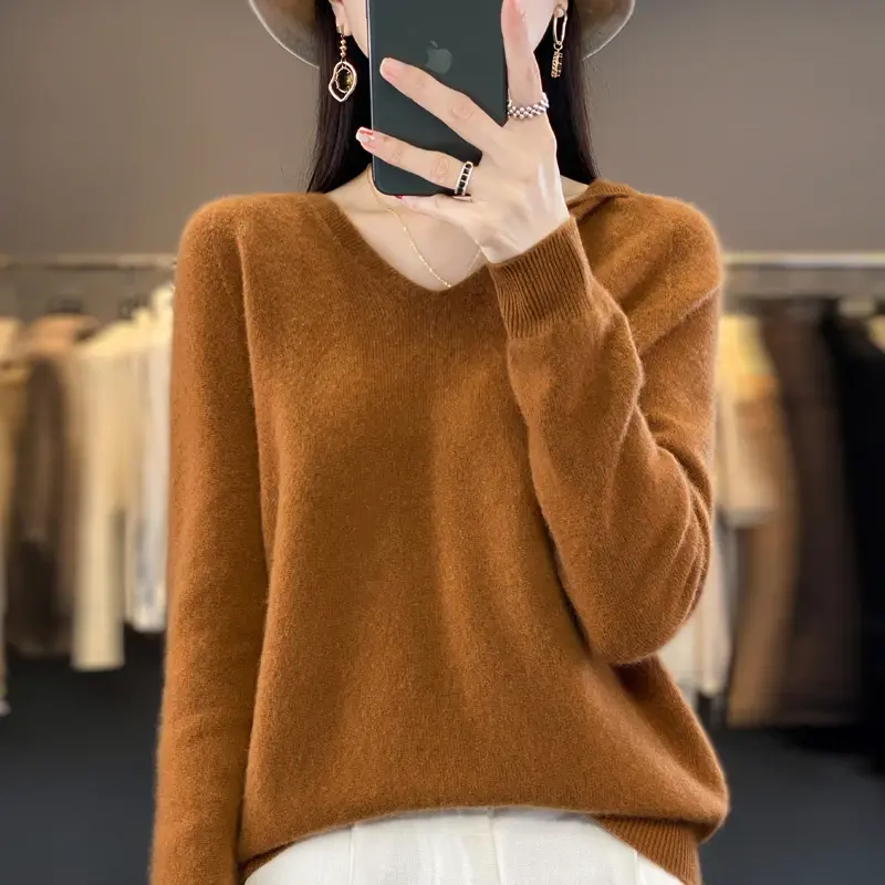 Вязаный свитер, кашемировый свитер, Женский пуловер из 100% мериносовой шерсти с капюшоном и V-образным вырезом, осенне-зимняя толстовка, женская одежда