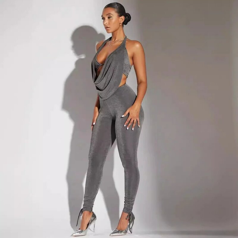 Conjunto feminino drapeado de duas peças frontal sem encosto, leggings e top sexy, ternos finos sem mangas, clubwear, 2024