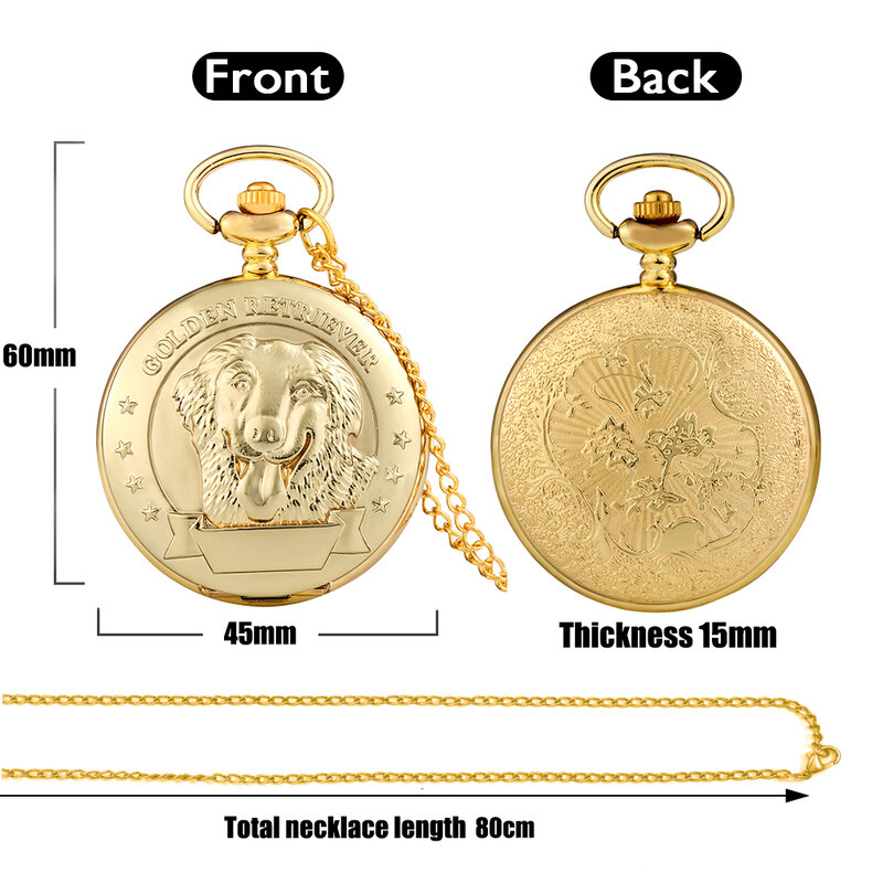 Reloj de bolsillo con diseño de perro y mascota para hombre, pulsera de cuarzo dorado, esfera con números arábigos clásicos, collar de aleación, colgante, regalo