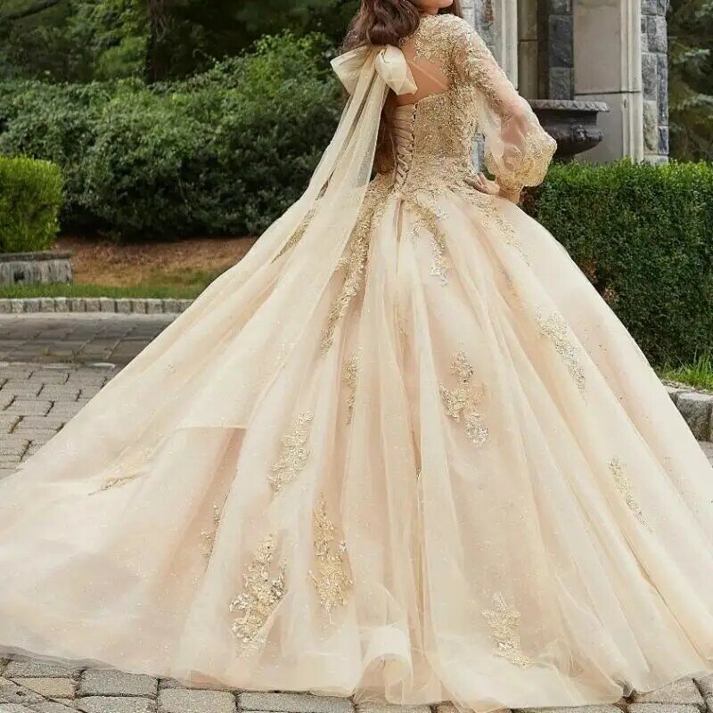 Luxury Champagne Quinceanera Dresses Ball Gown Appliques Lace Beads Tull Long Sleeve Sweet 16 Dress Prom Party Wear