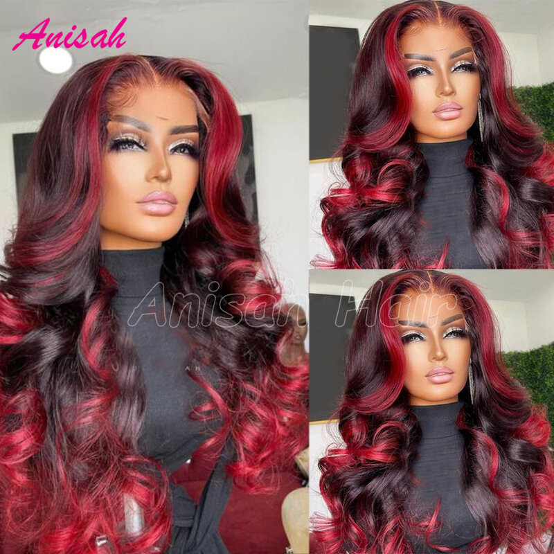 Pelucas frontales de encaje resaltado rojo y negro para mujeres, cabello humano prearrancado, HD, pelucas frontales de encaje, ombré, color rojo, onda corporal