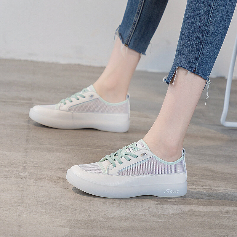 Breathable Casual Board Shoes Womens 2023 New Leather Small White Shoes Women Mesh Large pumps Versatile Student Soft Sole Shoes