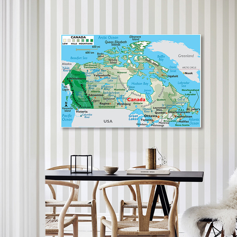 캐나다 지형 맵 프레임 없는 벽 아트 포스터, 부직포 캔버스 그림 장식, 학교 교육 용품, 150x100cm