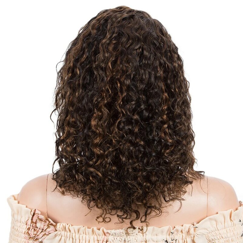 Peluca de cabello humano rizado para mujer, pelo Remy brasileño con ondas al agua, elegante, marrón, 13x1