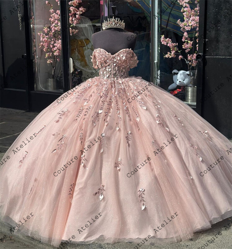 Rosa Ärmel Applikation süße Quince anera Kleider Ballkleid von der Schulter Geburtstag schnüren süße 15 16 Kleid Vestido de Quinceañera