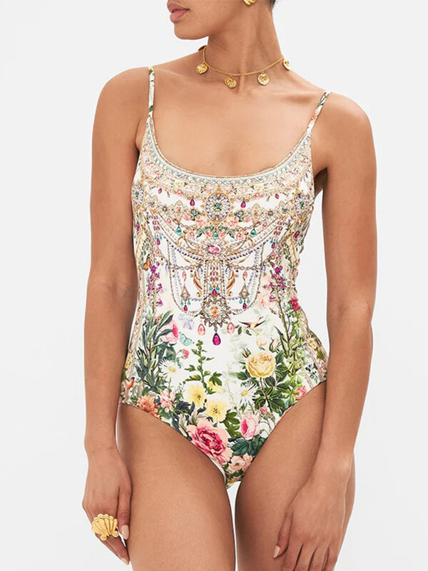 Luxury Women's Bikini Fashion Contrasting Colors Flower Diamond Splicing Print One Piece Designer New Beach Resort Swimsuit