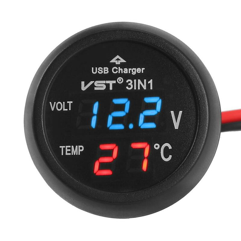 12V/24V Digital Meter Monitor 3 In 1 LED USB Car Charger โวลต์มิเตอร์เครื่องวัดอุณหภูมิรถแบตเตอรี่ LCD Digital Dual Display