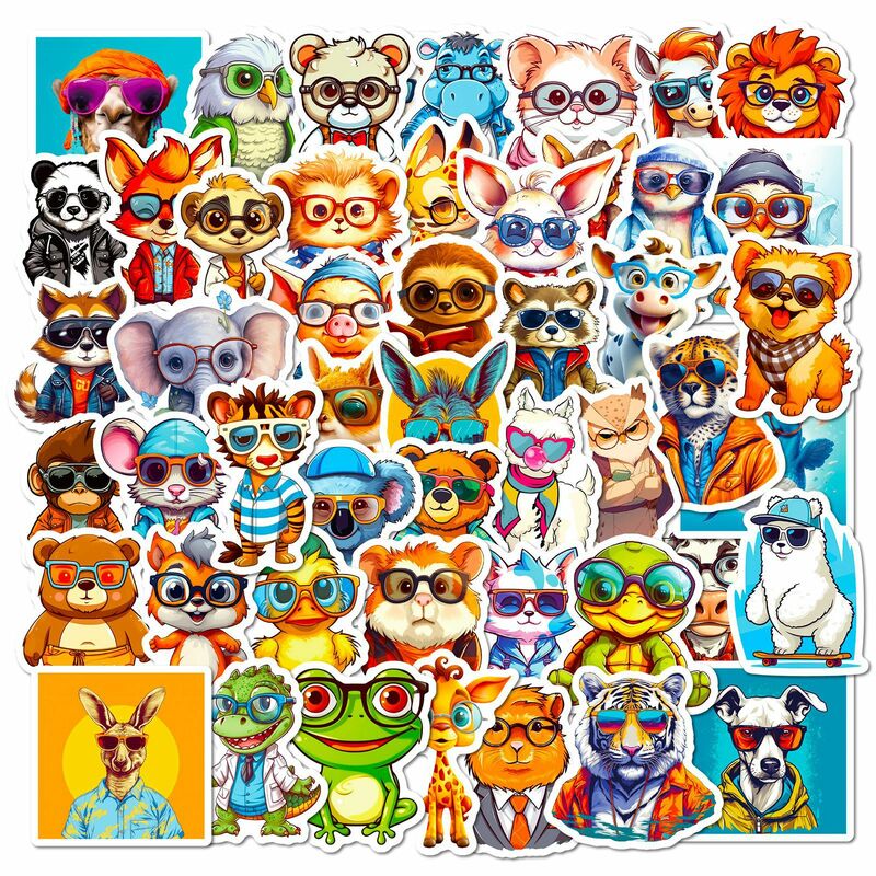 Autocollants de la série Graffiti animaux de dessin animé avec lunettes, adaptés pour ordinateur portable, casque, décoration de bureau, jouet autocollant bricolage, 50 pièces