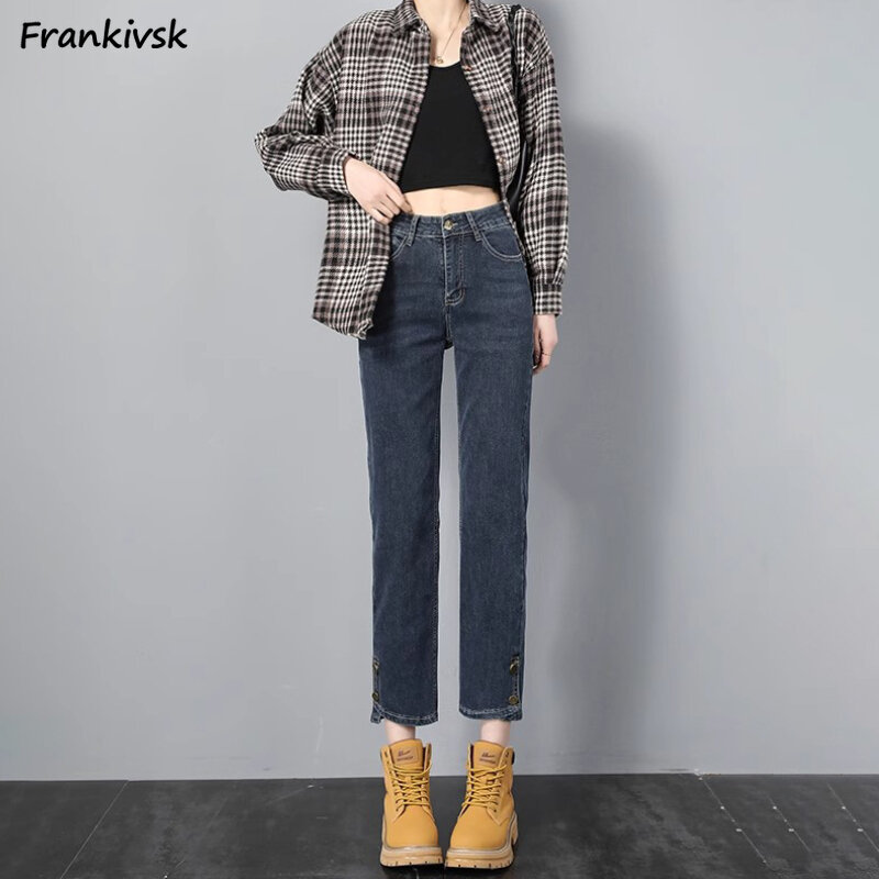 Women Jeans Slim Button Denim Hipster Spring All-match High Waist Vintage Ankle-length Pockets Korean Style Slit Fashion New Fit