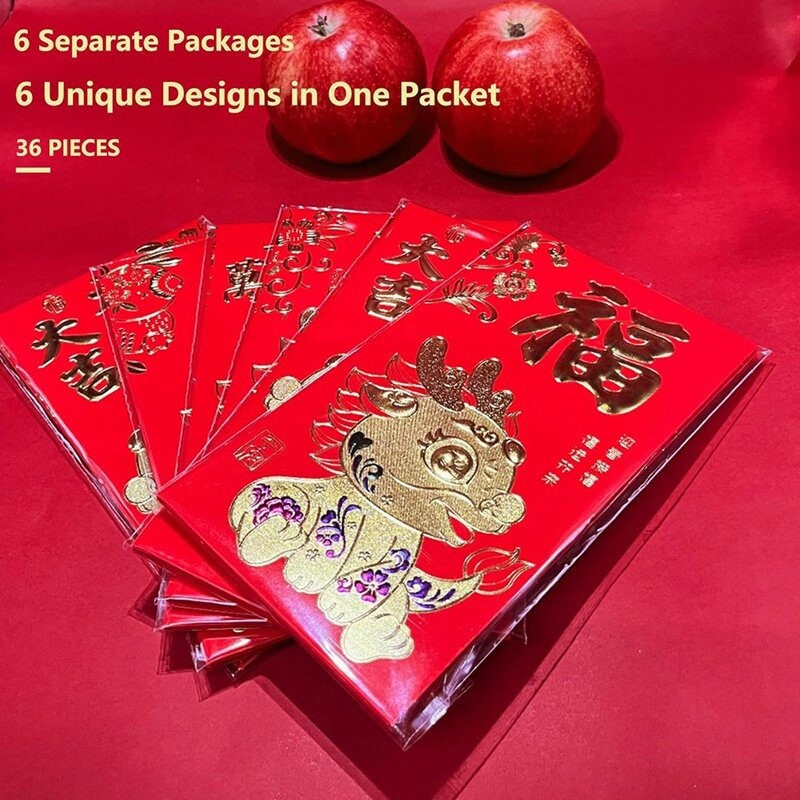 36Pcs Red Envelopes 2024 New Year,Chinese Envelopes For Money 2024 Dragon Lunar New Year, 6 Designs, 6.5X3.5Inch