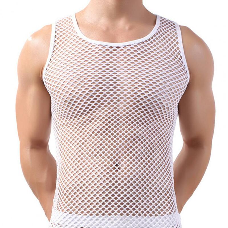 Men Undershirt Mesh See-Through Sleepwear Fish Net Pure Color Vest Summer Nightclub Sheer Tops Shirt Costume Fish Net T-Shirt