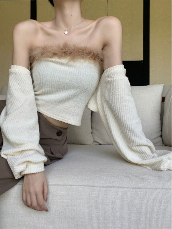 Crop Tops 2 Piece Sets Women Tender Korean Fashion Long Sleeve Cardigans Sexy Female Strapless Camisoles Lovely Spring Clothes