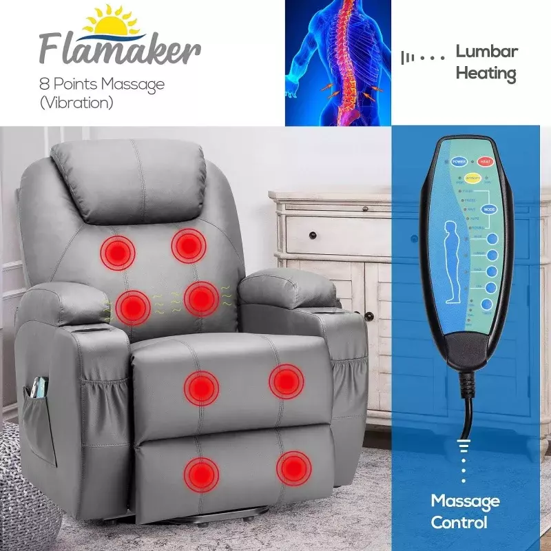 Flamaker 파워 리프트 리클라이너 의자, PU 가죽, 마사지 및 난방 기능, 인체 공학적 라운지 의자, 클래식 싱글 소파