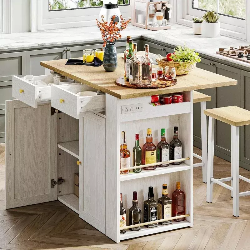 Kitchen Island with Storage, Large Organized Storage Space with Power Strip, 2-Door Cabinet and 2 Open Shelves/Dual Side Drawers