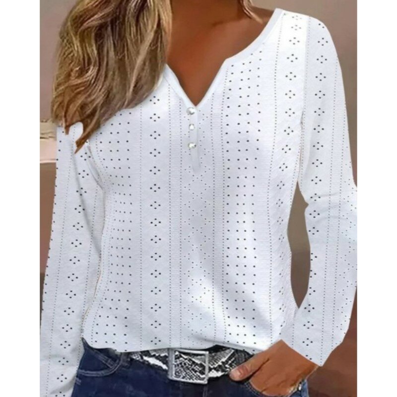 Spring New Long Sleeved V-neck Hollowed Out Solid Color Patchwork Shirt For Women's Elegant White Loose Fitting Pullover Blouses