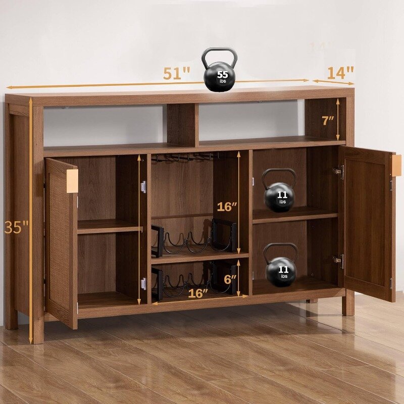 SICOTAS-Coffee Bar Cabinet com Armazenamento, Aparador Rattan, Buffet Cabinet, Boho Farmhouse Liquor Cabinet, 51"