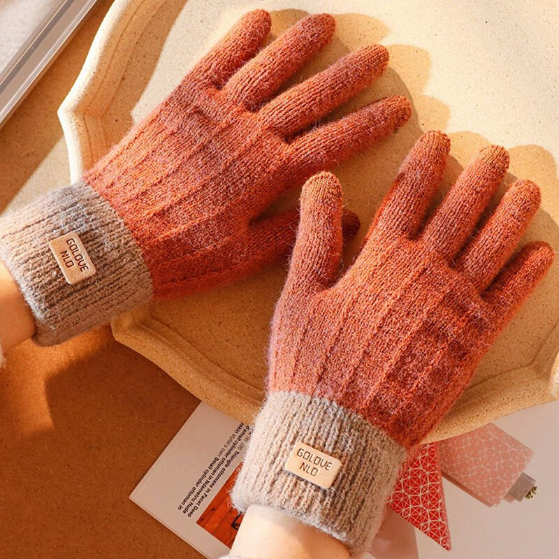 Luvas de tela sensível ao toque de malha para mulheres e homens, luvas de lã quente, dedo cheio, luva de crochê feminino