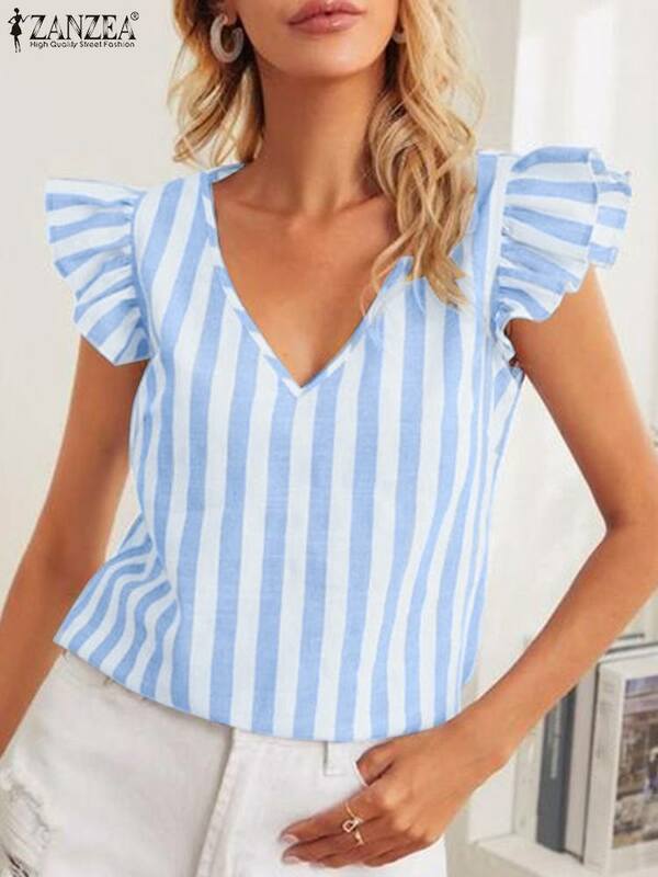Zanzea sexy V-Ausschnitt Frauen Bluse Sommer Vintage Streifen Shirt kausale Arbeit Tops weibliche Party Strand Blusas elegante Chemise Tunika