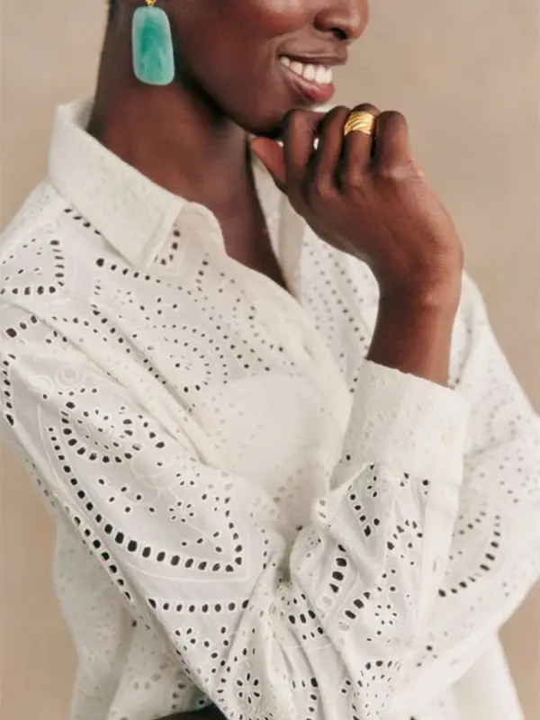 Camisa bordada de algodón para mujer, blusa holgada con un bolsillo, cuello vuelto, primavera, 2024