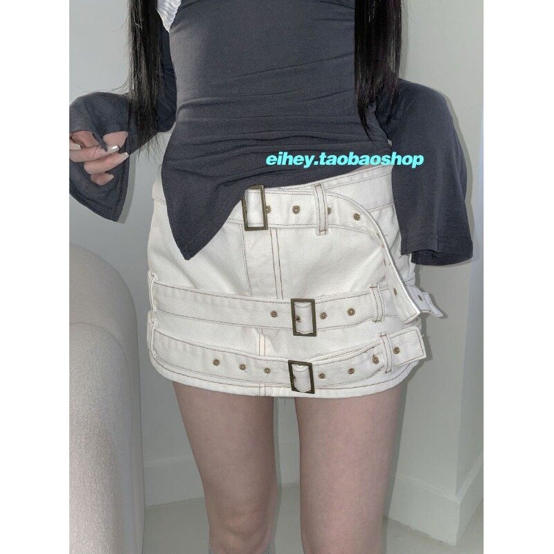 Vintage Low Waist Multi Belt Sexy Slim Straight Skirt Women 2024 Summer New Korean Solid Color All Match Denim Mini Skirt