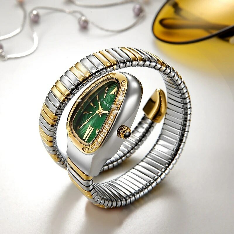 Relógio quartzo feminino com diamantes, em forma de cobra, europeu e americano, popular, nova moda