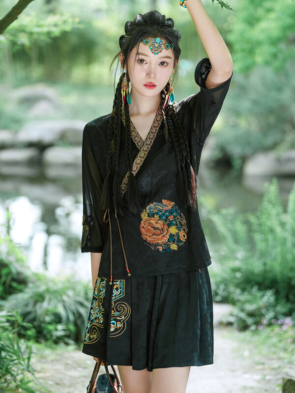 Pakaian wanita Tiongkok, musim panas baru pakaian wanita Tiongkok, setelan Han atasan nasional bordir