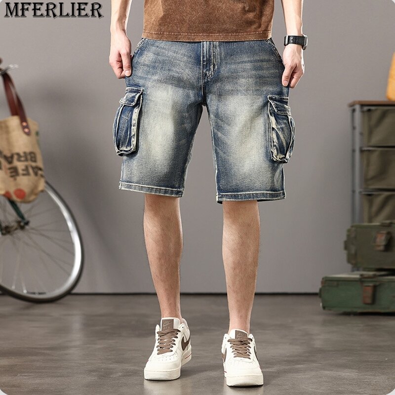 Pantalones cortos de mezclilla Vintage para hombre, Shorts Cargo de talla grande 44, a la moda ropa de calle, Verano