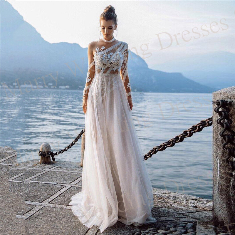 Boho High Neck Wedding Dresses Full Sleeve Appliques Lace A Line Bride Gowns Tulle Floor Length Custom Made Vestidos Novias Boda