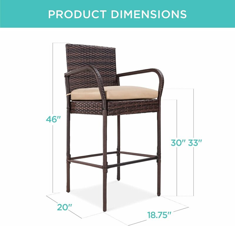 Set of 2 Wicker Bar Stools, Indoor Outdoor Bar Height Chairs w/Cushion, Footrests, Armrests for Backyard, Patio, Pool, Garden