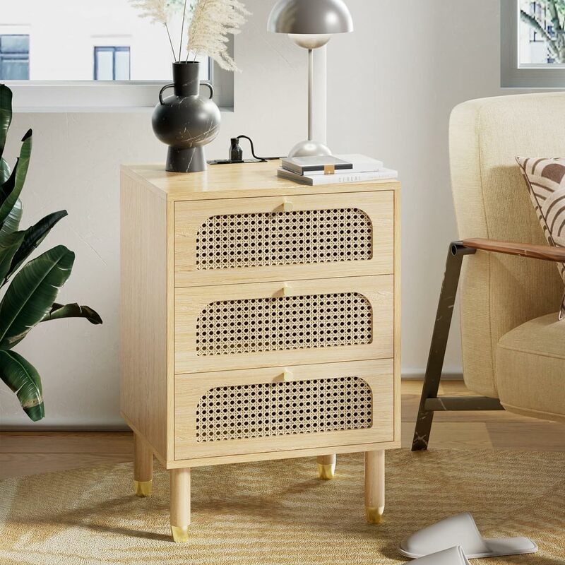 Rattan Nightstand Set with Charging Station, Tall Oak Nightstand with Drawers for Bedroom, Modern End Table/Side Table