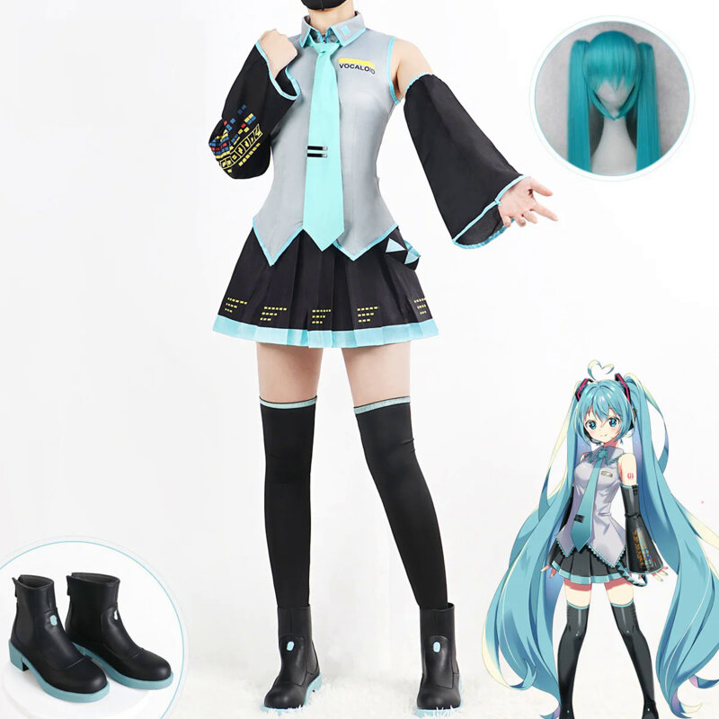 Anime Miku Cosplay Costume Wig Headwear Full Set Props Miku Cosplay Accessories Halloween Party Outfit for Women Girls