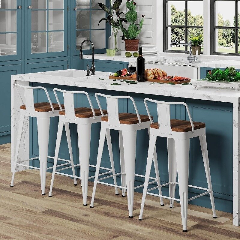 Metal Bar Stools Set of 4 Counter Height Bar Stools Barstools with Removable Back 24" Kitchen Bar Stools with Wooden Seat